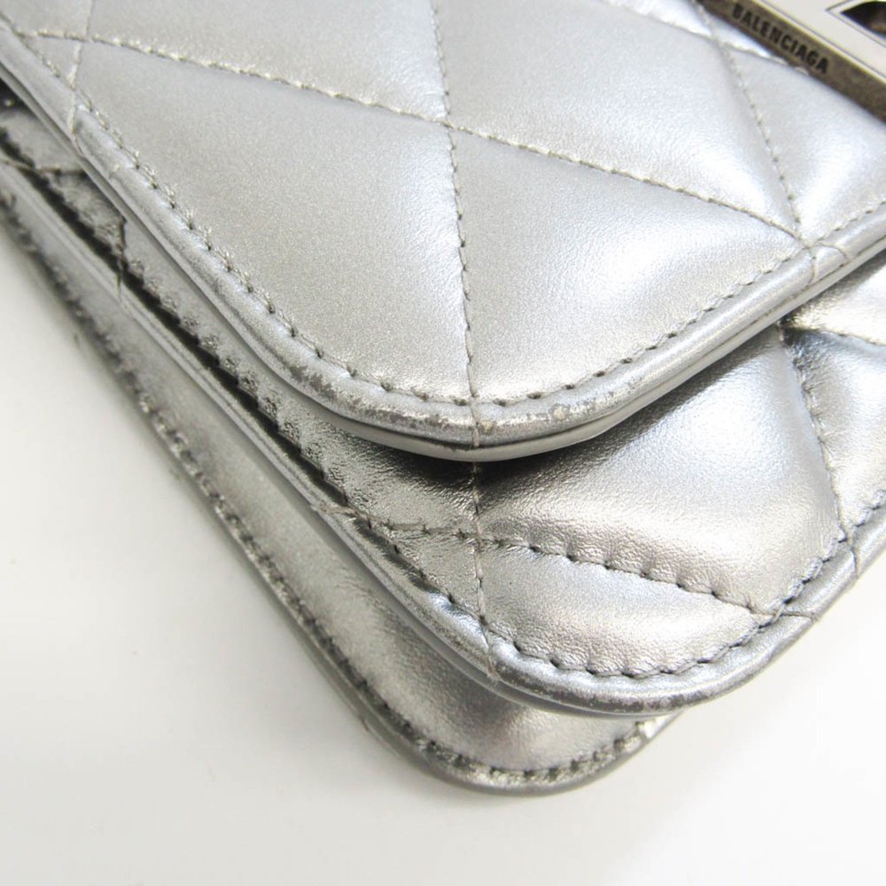 BALENCIAGA B.593615 Women's Leather Chain/Shoulder Wallet Silver - Picture 7 of 10